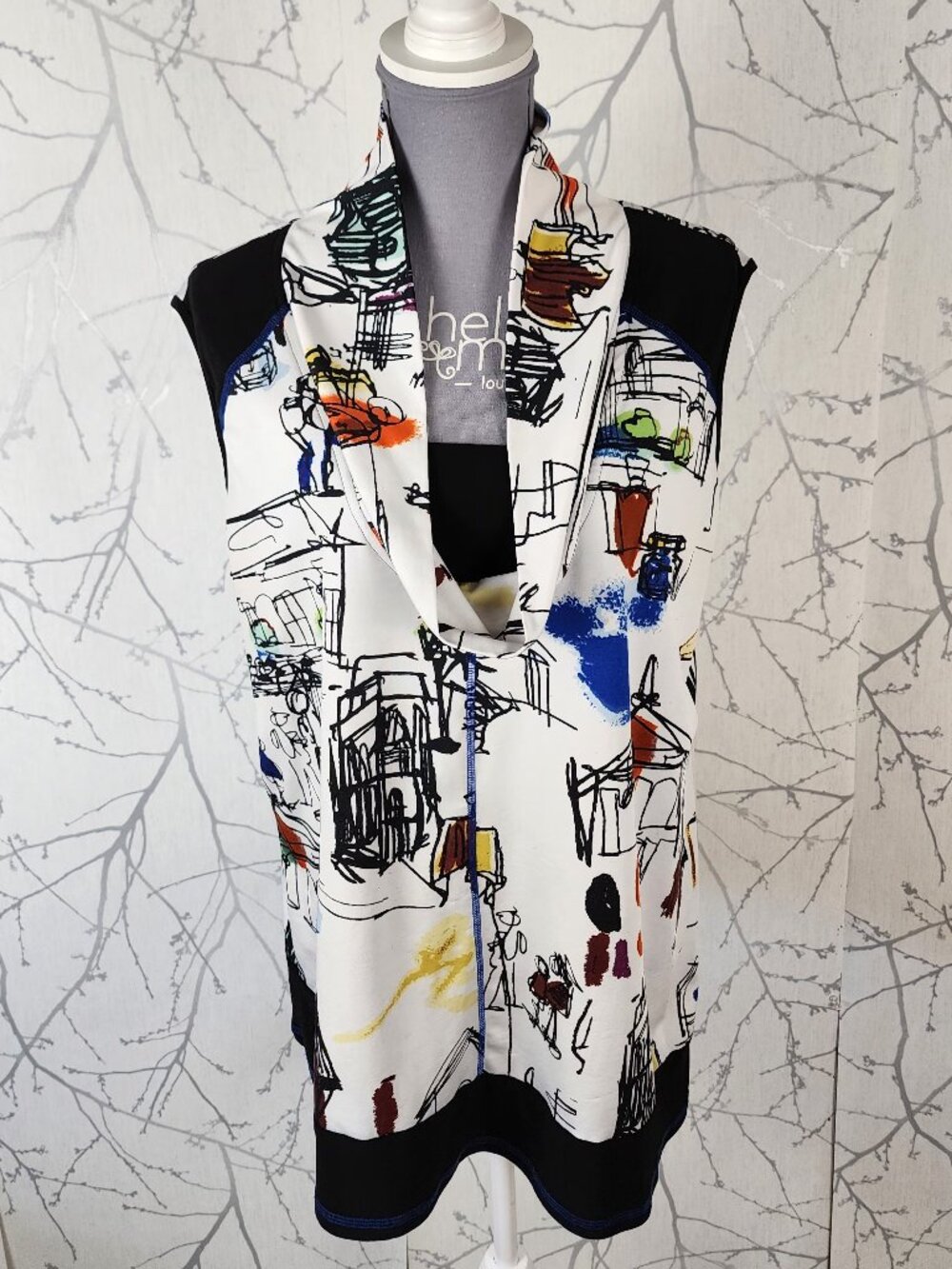 Modes Crystal Slinky Stretch Jersey Artsy Print Cowl Neck Tank